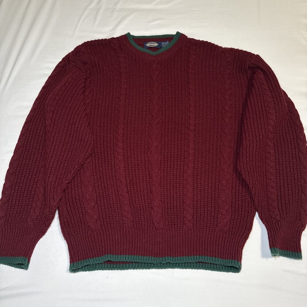 VTG Towncraft Grandpa Sweater Mens XL Maroon Cable Knit Crew Neck Fisherman EUC